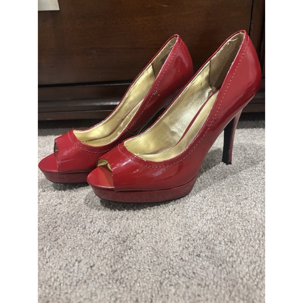 Candie's Y2K Red Leather Peep Toe Platform Heels Women's 10M Shoes Formal Bright
